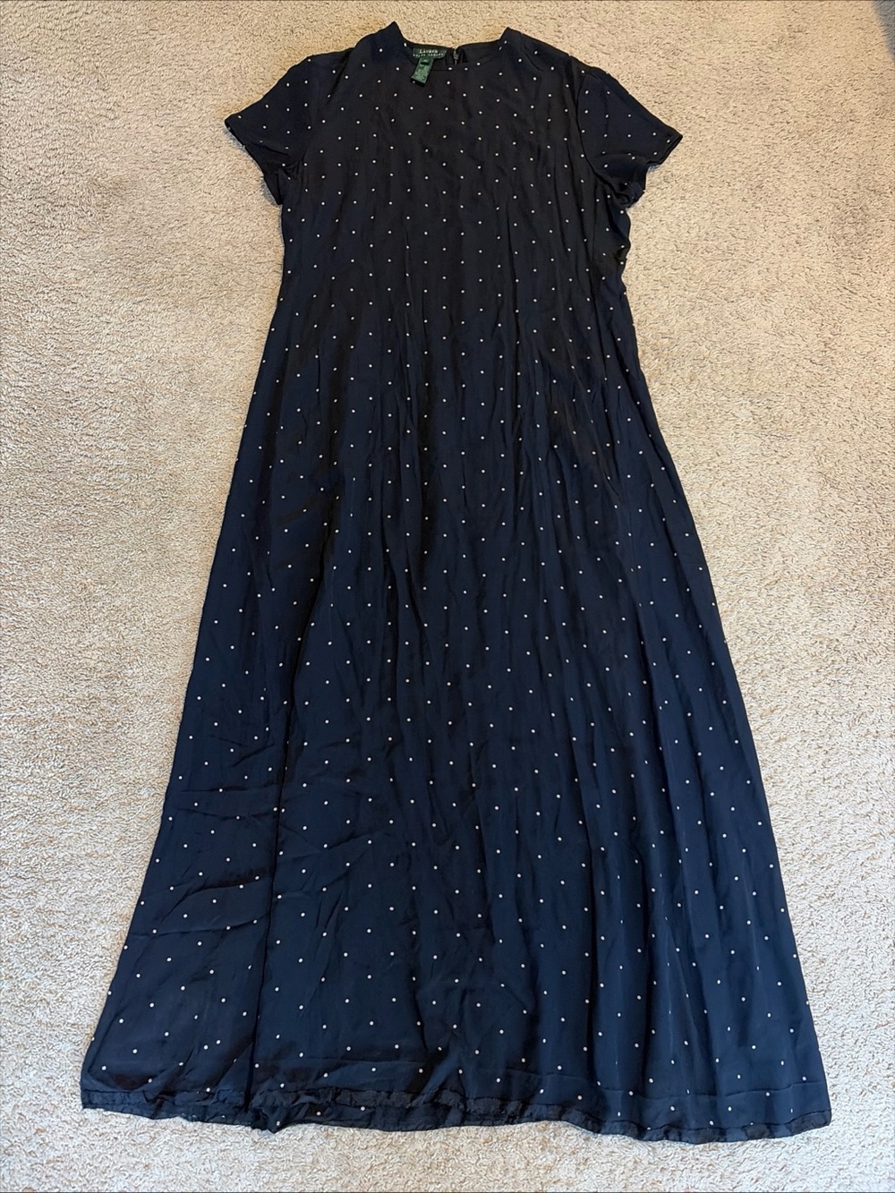 Vintage Lauren Ralph Lauren Navy Blue Beige Polka Dot 100% Silk Maxi Dress Sz 16
